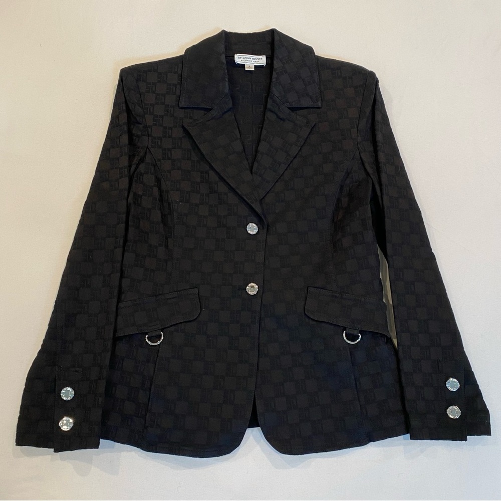 Vintage St. John Women's Black Monogram Blazer Jacket, Size S, Corset Back Belt